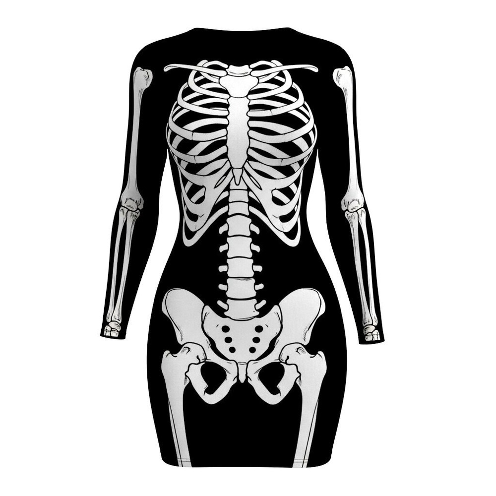 NEW! XL 14 Plus Skeleton Black Bodycon Halloween Costume Dress Long Sleeve Mini